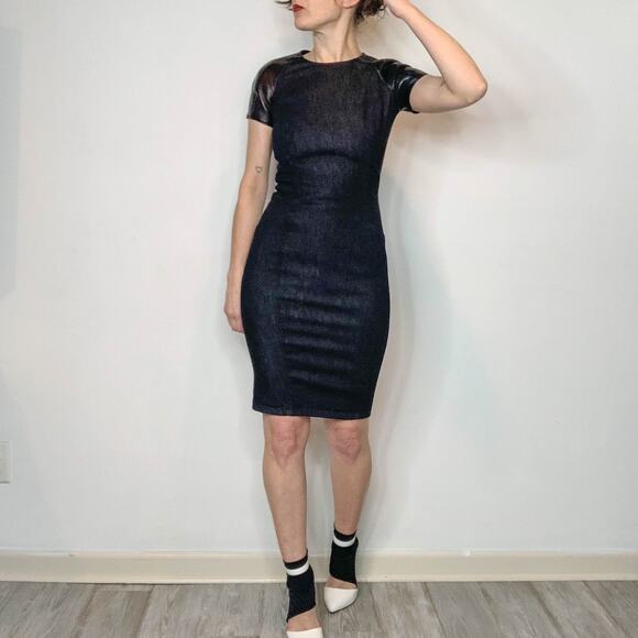 RALPH LAUREN BLACK LABEL denim bodycon mini dress lamb leather sleeve 2842 - Picture 13 of 13